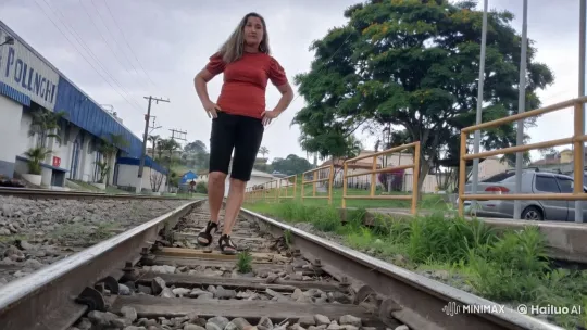 Woman Sprints from Oncoming Train on Railway Tracks – AI Generated Video | Hailuo AI