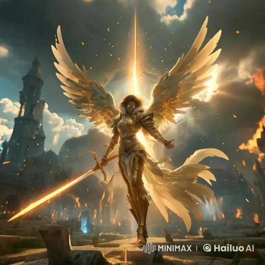 Golden Angel in Majestic Glory with Fiery Sword – AI Generated Video | Hailuo AI
