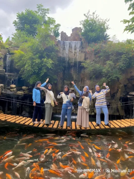 Family Demonstrates Martial Arts on Bridge with Koi Pond and Waterfall – AI Generated Video | Hailuo AI