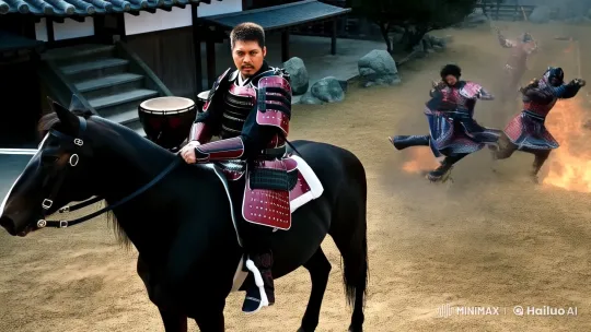 Samurai Warrior Gallops Through Fiery Battle on Horseback – AI Generated Video | Hailuo AI