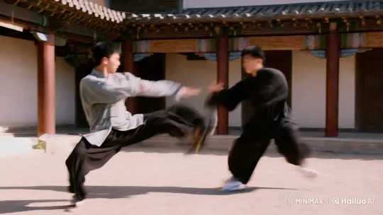 Aesthetic Kung Fu Duel in Traditional Courtyard – AI Generated Video | Hailuo AI