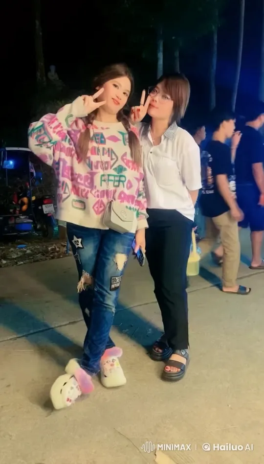 Nighttime Street Socializing Scene with Playful Women – AI Generated Video | Hailuo AI