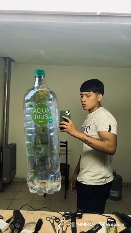 Young Man Kisses 'Aquarius Pera' Bottle in Mirror – AI Generated Video | Hailuo AI