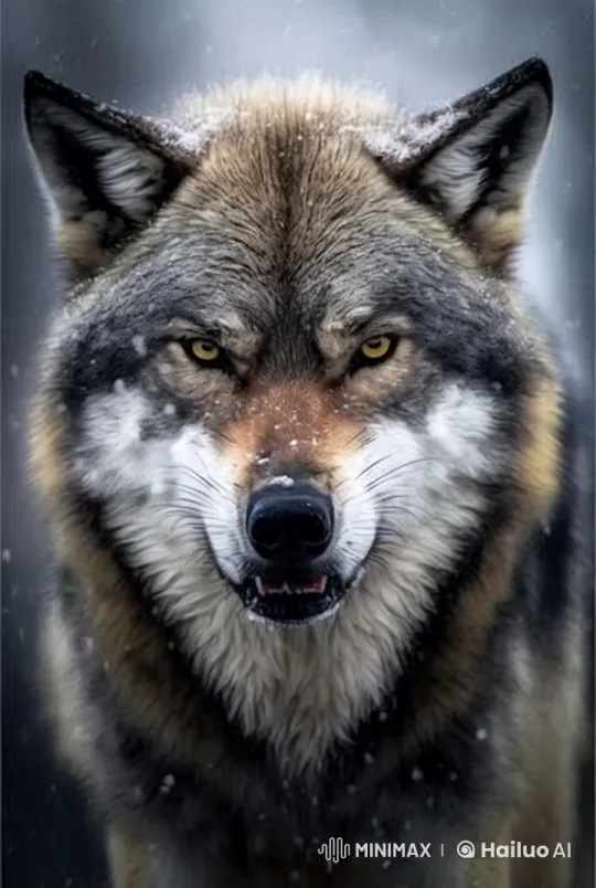 Fierce Wolf in Snow: Piercing Gaze Amidst Falling Flakes – AI Generated Video | Hailuo AI