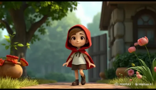 Red-Hooded Girl in Enchanted Garden Path – AI Generated Video | Hailuo AI