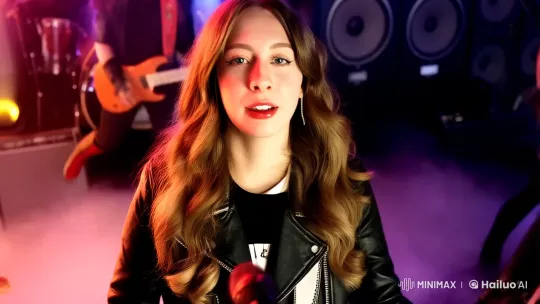 Young Woman Leads Rock Band on Vibrant Stage – AI Generated Video | Hailuo AI