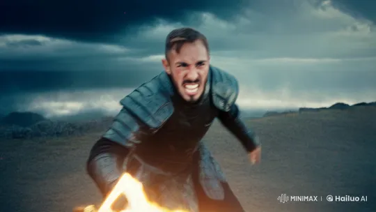 Defiant Warrior Challenges Sky in Epic Fantasy Clash – AI Generated Video | Hailuo AI