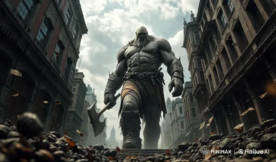 Giant Advances Through Ruined Cityscape in Cinematic Tracking Shot – AI Generated Video | Hailuo AI