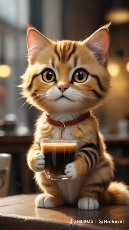 Cute Cat Enjoys Coffee in Cozy Café – AI Generated Video | Hailuo AI
