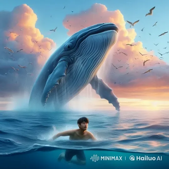 Whale Attempts to Eat Swimmer at Dramatic Sunset Sea Scene – AI Generated Video | Hailuo AI