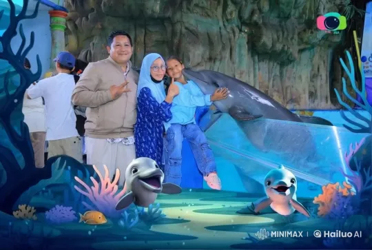 Family Poses with Dolphin Sculpture at Aquarium – AI Generated Video | Hailuo AI