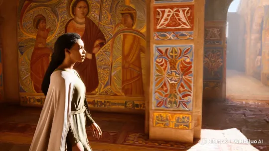 Graceful Tracking Shot in Colorful Corridor with Frescoes – AI Generated Video | Hailuo AI