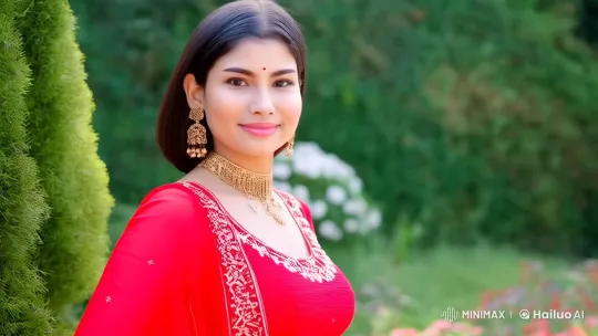 Graceful Woman in Red Lehenga in a Lush Garden – AI Generated Video | Hailuo AI