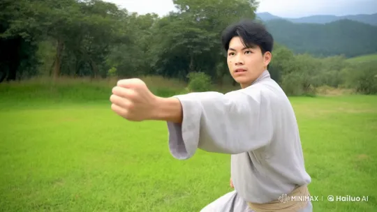 Young Kung Fu Practitioner Showcases Skills in Open Field – AI Generated Video | Hailuo AI