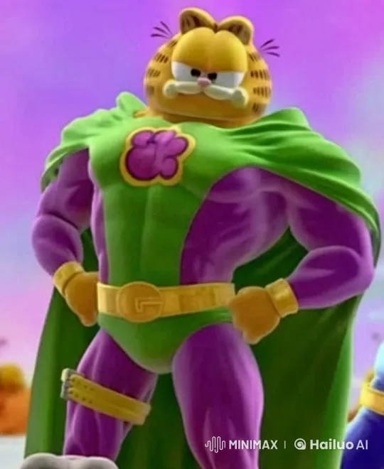 Superhero Garfield: Muscular Cat in Whimsical Sky – AI Generated Video | Hailuo AI