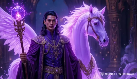 Mystical Sorcerer and Glowing Winged Horse in Enchanted Hall – AI Generated Video | Hailuo AI
