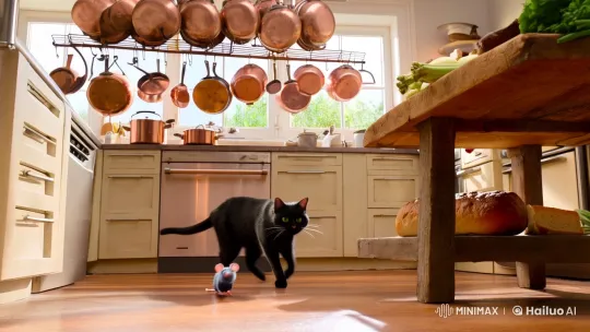 Dynamic Chase Scene: Cat Catches Mouse in Sunlit Kitchen – AI Generated Video | Hailuo AI