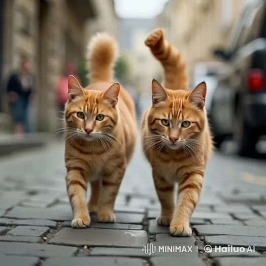 Orange Tabby Cats Perform Synchronized Dance on Cobblestone Street – AI Generated Video | Hailuo AI