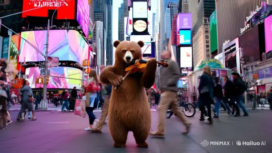 Animated Bear Plays Violin in Times Square Dreamscape – AI Generated Video | Hailuo AI