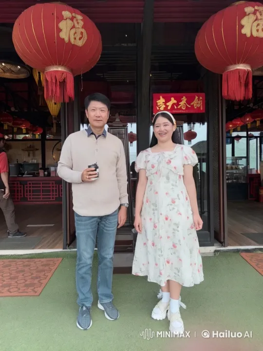 Couple in Festive Attire at Chinese Restaurant Entrance – AI Generated Video | Hailuo AI