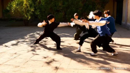 Dynamic Martial Arts Display in Sunlit Courtyard – AI Generated Video | Hailuo AI