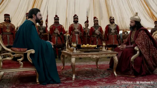 Two Leaders Confer in Ornate Tent Amid Supporters – AI Generated Video | Hailuo AI