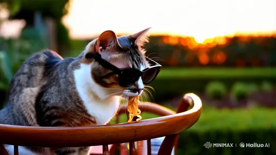 Elegant Cat in Sunglasses Enjoys Noodles in Garden Setting – AI Generated Video | Hailuo AI