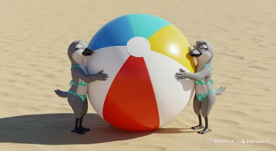 Anthropomorphic Birds Enjoy Beach Ball on Minimalist Beach – AI Generated Video | Hailuo AI