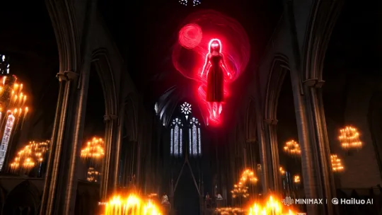 Gothic Cathedral: Enigmatic Figure Levitates in Red Energy – AI Generated Video | Hailuo AI