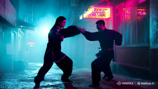 Neon-Lit Alleyway Kung Fu Fight Cinematic Scene – AI Generated Video | Hailuo AI