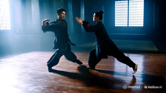 Dynamic Kungfu Exchange in Atmospheric Dojo – AI Generated Video | Hailuo AI