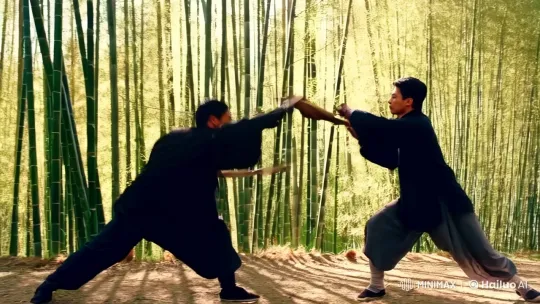 Kung Fu Artists' Graceful Fight Transitions to Romantic Embrace – AI Generated Video | Hailuo AI
