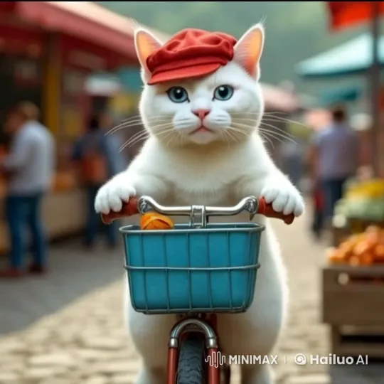 White Cat Pedals Through Vibrant Market on Red Bicycle – AI Generated Video | Hailuo AI