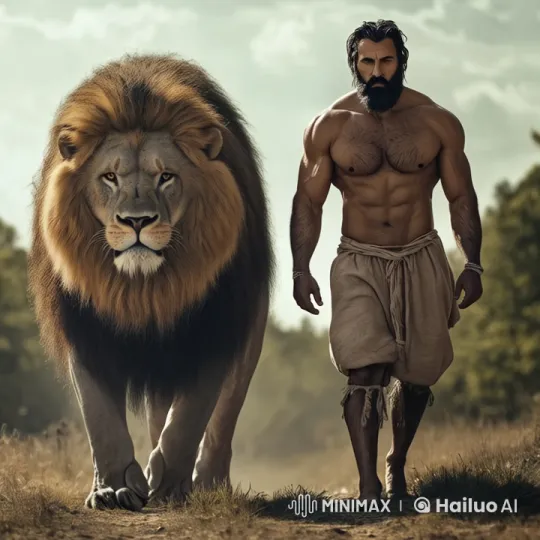 Muscular Man and Lion Walk Through Nature in Live2D Animation – AI Generated Video | Hailuo AI