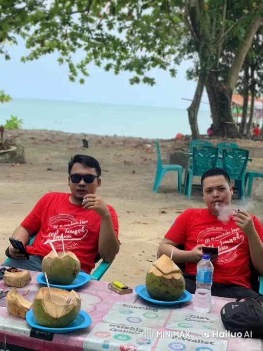 Beach Relaxation: Men Enjoy Coconuts and Technology – AI Generated Video | Hailuo AI