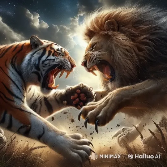 Tiger and Lion Clash Under Dynamic Sky – AI Generated Video | Hailuo AI