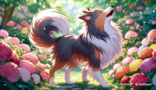 Joyful Collie Howls in a Colorful Flower Garden – AI Generated Video | Hailuo AI