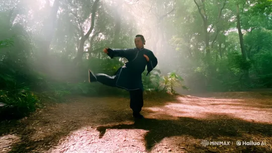 Kung Fu Master Showcases Graceful Combat in Misty Forest – AI Generated Video | Hailuo AI