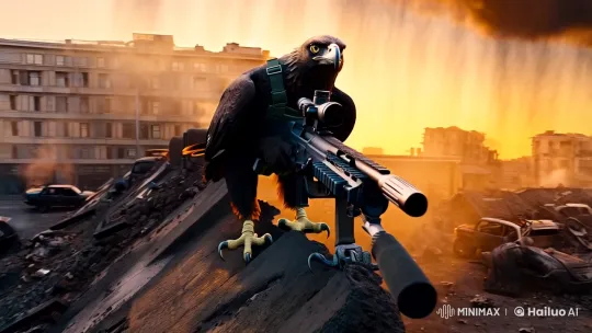 Eagle Sniper Prepares for Precision Strike in Ruined Cityscape – AI Generated Video | Hailuo AI