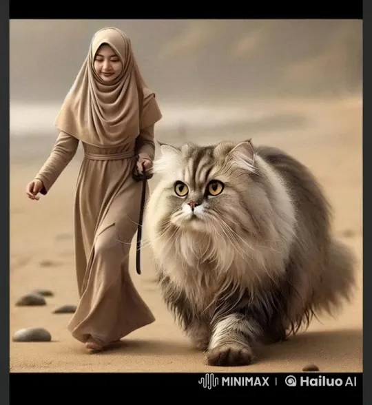 Woman and Majestic Cat Stroll on Tranquil Beach – AI Generated Video | Hailuo AI