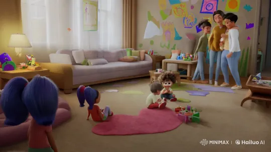 Cozy Living Room Scene with Happy Toddlers and Puppy – AI Generated Video | Hailuo AI
