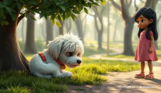 Curious Girl Encounters Trembling Dog in Park – AI Generated Video | Hailuo AI