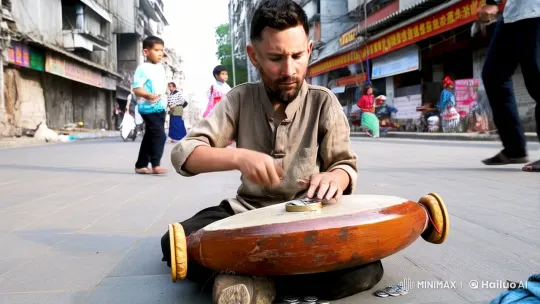 Boy Plays Taal on Bustling City Street, Seeking Hope Amidst Struggle – AI Generated Video | Hailuo AI