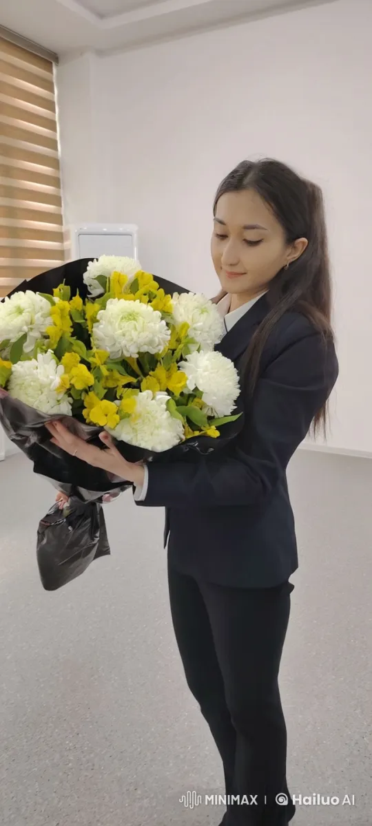Woman Celebrates AI Project Completion with Flowers – AI Generated Video | Hailuo AI