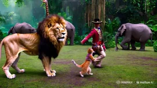 Majestic Lion and Cat Dance in Lush Jungle Setting – AI Generated Video | Hailuo AI