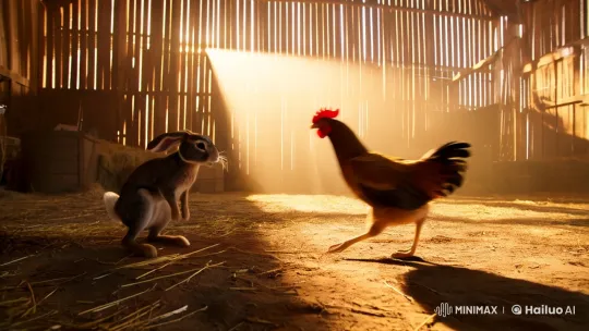 Surreal Barn Battle: Rabbit vs. Hen in Dramatic Light – AI Generated Video | Hailuo AI