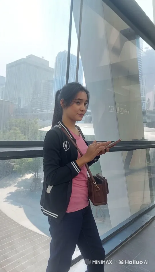 Young Woman Interacting with Smartphone in Cityscape – AI Generated Video | Hailuo AI