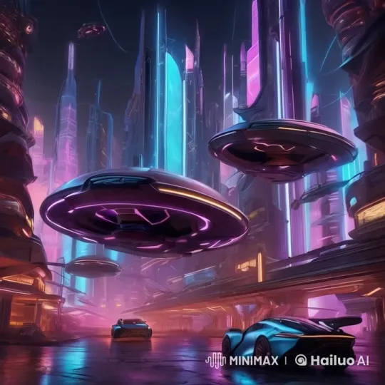 Futuristic Cityscape with Neon Lights and Flying Vehicles – AI Generated Video | Hailuo AI