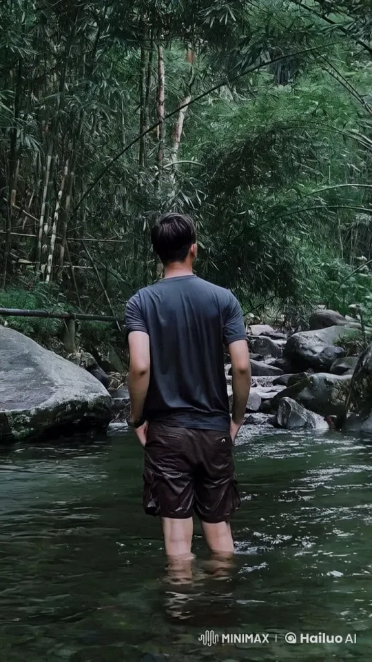 Man in Stream Amidst Bamboo Forest – AI Generated Video | Hailuo AI
