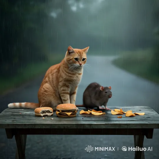 Cat and Mouse Share Burgers in the Rain – AI Generated Video | Hailuo AI